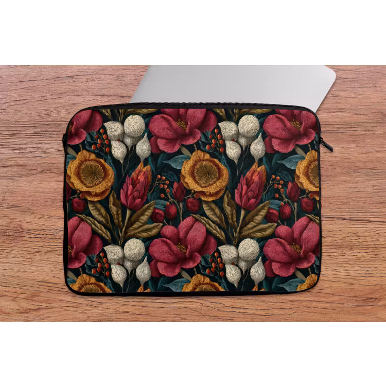 Bloemen - Patroon - Rood - Goud laptophoes neopreen klein 279 -tafel