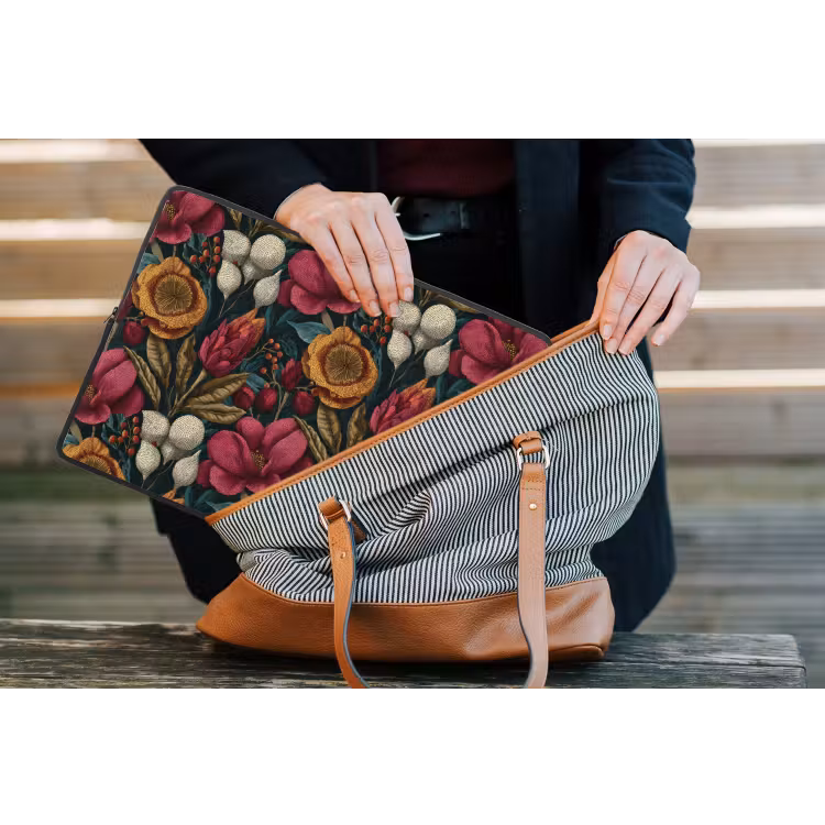 Bloemen - Patroon - Rood - Goud laptophoes neopreen klein 279 -tas