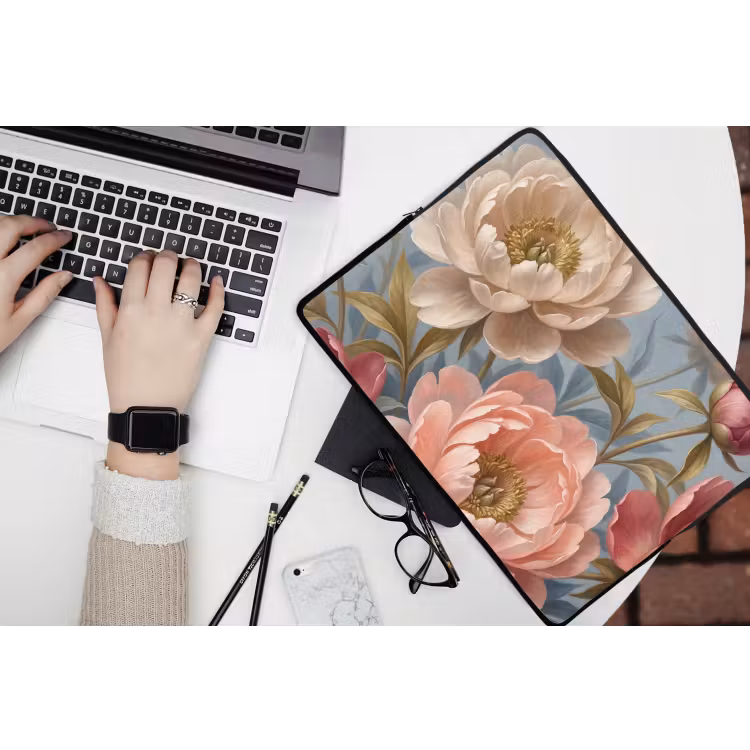 Bloemen - Roze - Beige - Modern - Natuur laptophoes neopreen klein -bureau