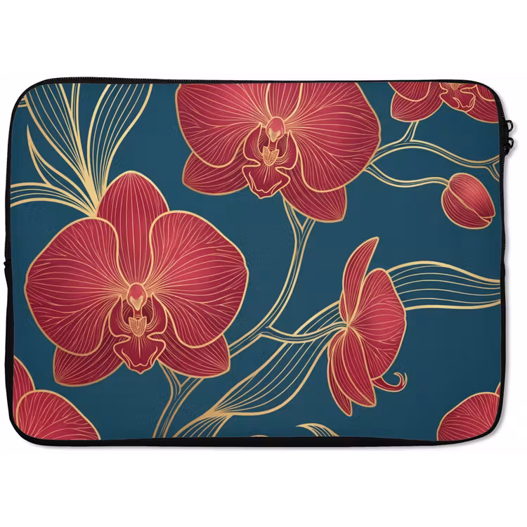 Laptop Sleeve - Flowers - Red - Gold - Bloemen - Rood - Goud laptophoes neopreen klein