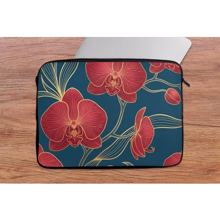 Laptop Sleeve - Flowers - Red - Gold - Bloemen - Rood - Goud laptophoes neopreen klein