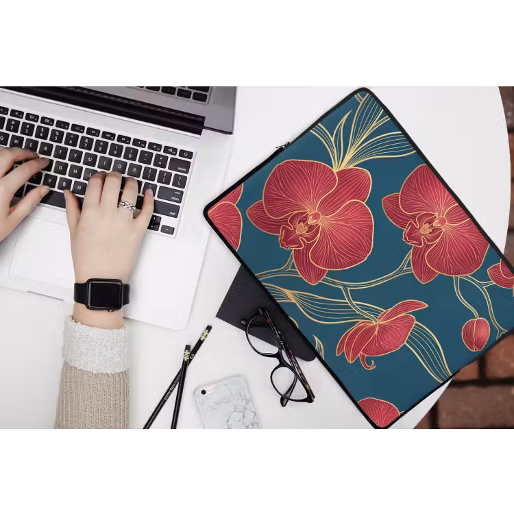 Laptop Sleeve - Flowers - Red - Gold - Bloemen - Rood - Goud laptophoes neopreen klein