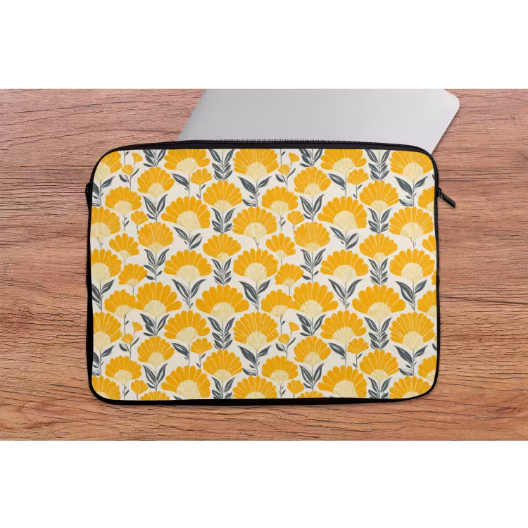 Bloemen - Retro - Botanisch - Okergeel - Grijs laptophoes neopreen klein 279 -tafel