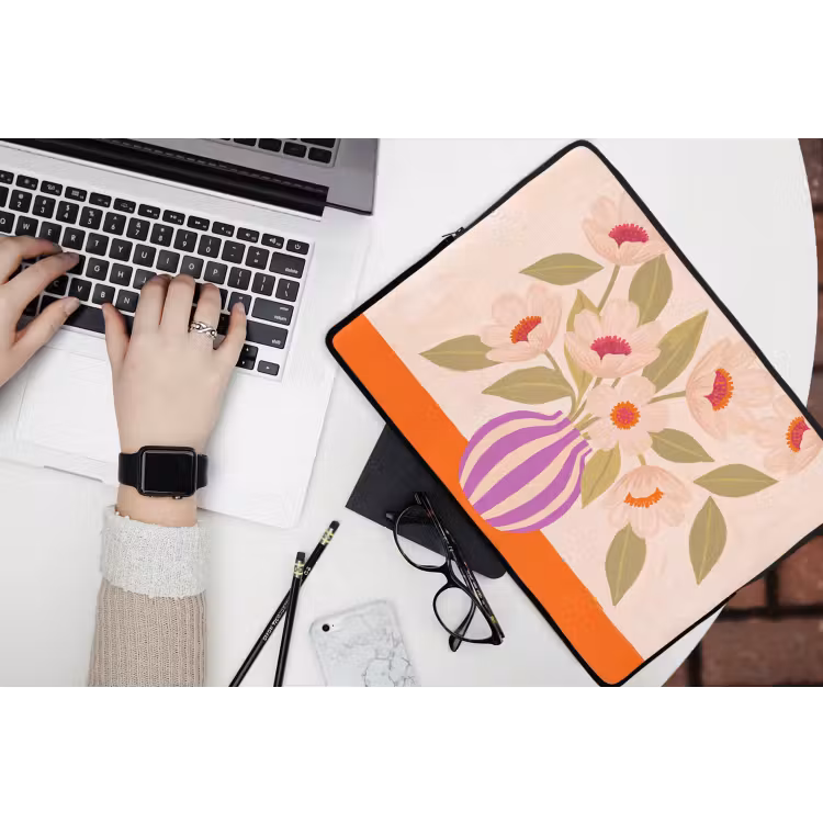 Bloemen - Vaas - Abstract - Paars - Oranje laptophoes neopreen klein -bureau