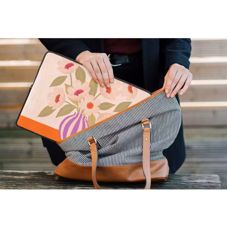 Bloemen - Vaas - Abstract - Paars - Oranje laptophoes neopreen klein -tas