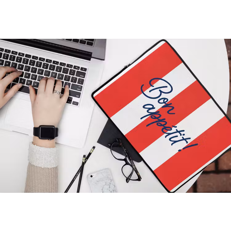 Eten - Spreuk - Keuken - Grafisch - Rood-Wit laptophoes neopreen klein -bureau
