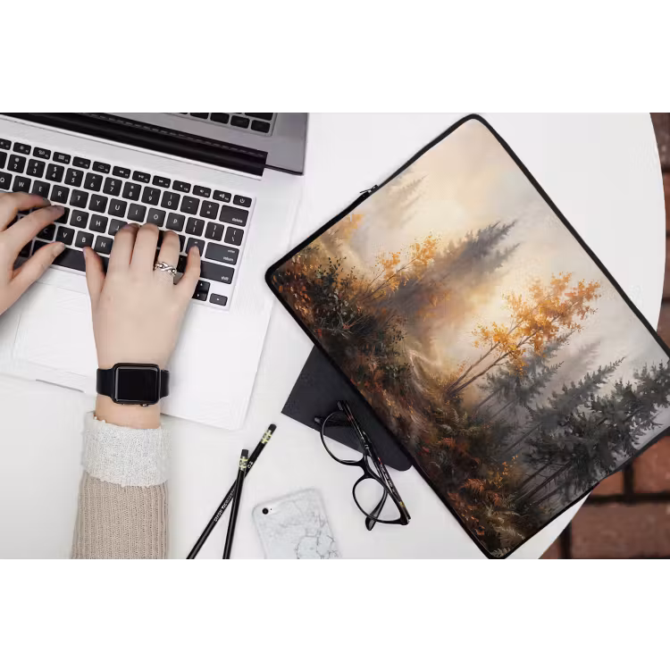 Bospad - Herfstbladeren - Natuur - Schilderachtig - Oranje laptophoes neopreen klein -bureau