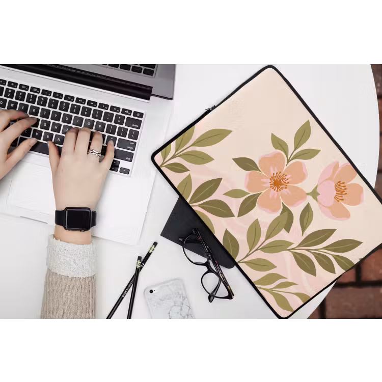 Grafisch - Bloemen - Roze laptophoes neopreen klein -bureau