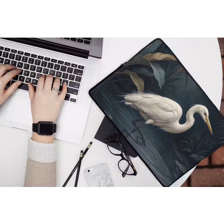 Reiger - Water - Natuur - Modern - Wit laptophoes neopreen klein -bureau