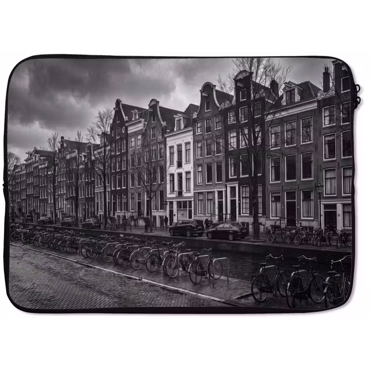 Huis - Gracht - Amsterdam - Architectuur - Zwart-wit laptophoes neopreen klein -zkaufland3dotto