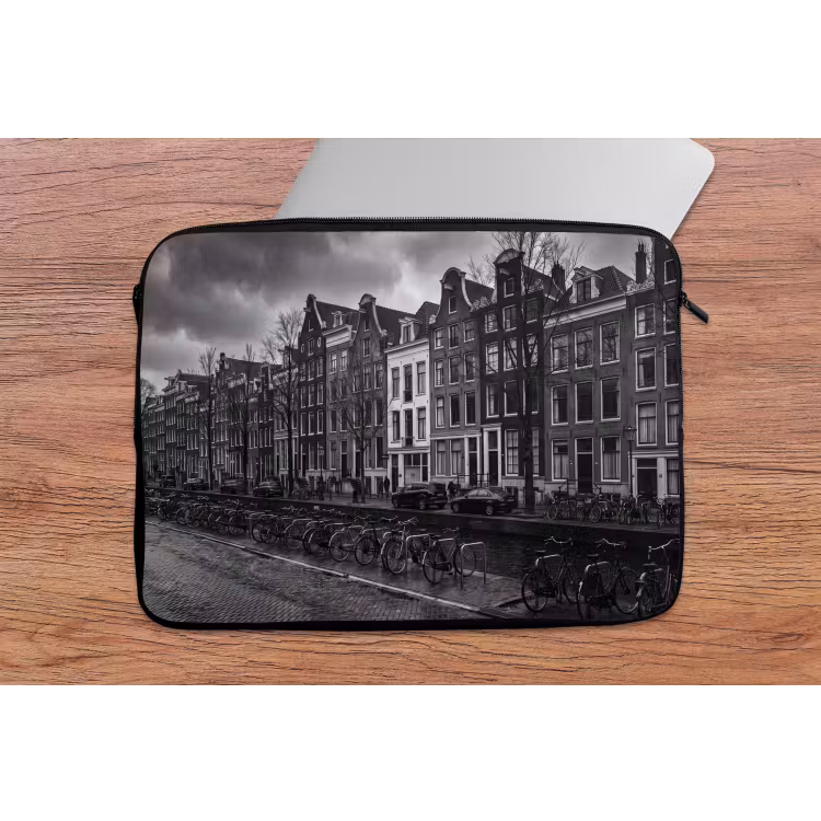 Huis - Gracht - Amsterdam - Architectuur - Zwart-wit laptophoes neopreen klein -tafel