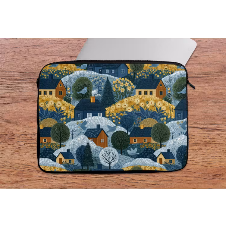 Huisjes - Bloemen - Patroon - Geel - Blauw laptophoes neopreen klein 279 -tafel