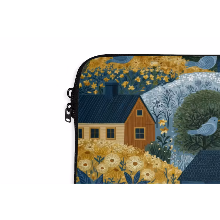 Huisjes - Bloemen - Patroon - Geel - Blauw laptophoes neopreen klein 279 -detail