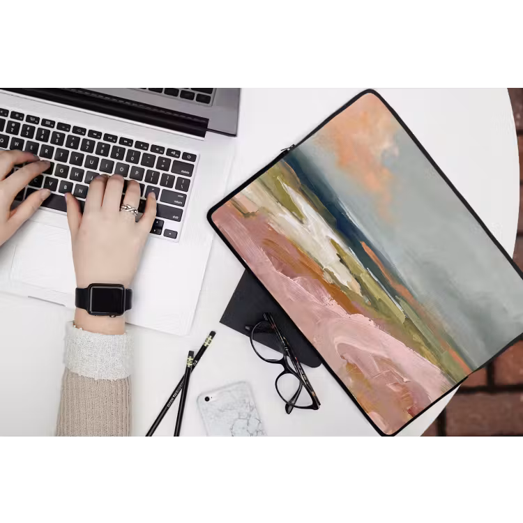 Landschap - Rivier - Abstract - Roze - Groen laptophoes neopreen klein -bureau