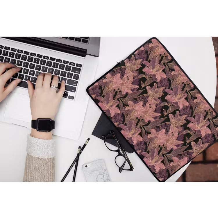 Lelies - Patroon - Paars - Goud laptophoes neopreen klein 279 -bureau
