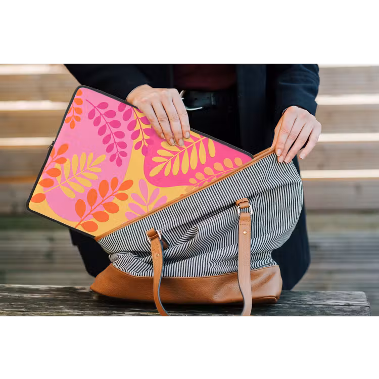 Natuur - Bladeren - Abstract - Roze - Geel laptophoes neopreen klein -tas