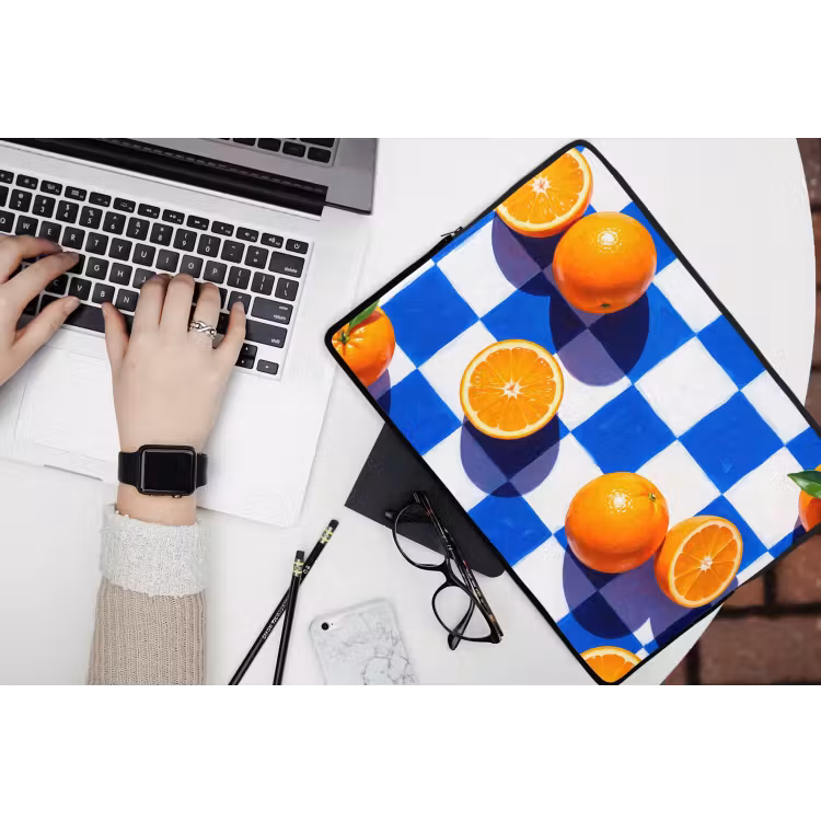 Laptop Sleeve - Orange - Checkered - Food - Sinaasappel - Geruit - Eten laptophoes neopreen klein