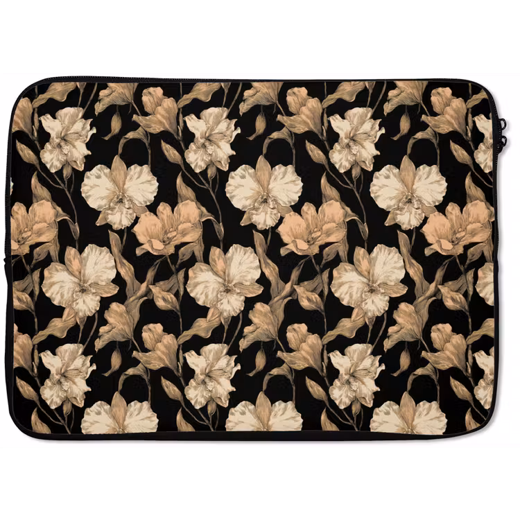 Orchideeën - Lijntekening - Patroon - Beige - Zwart laptophoes neopreen klein 279 -zkaufland3dotto