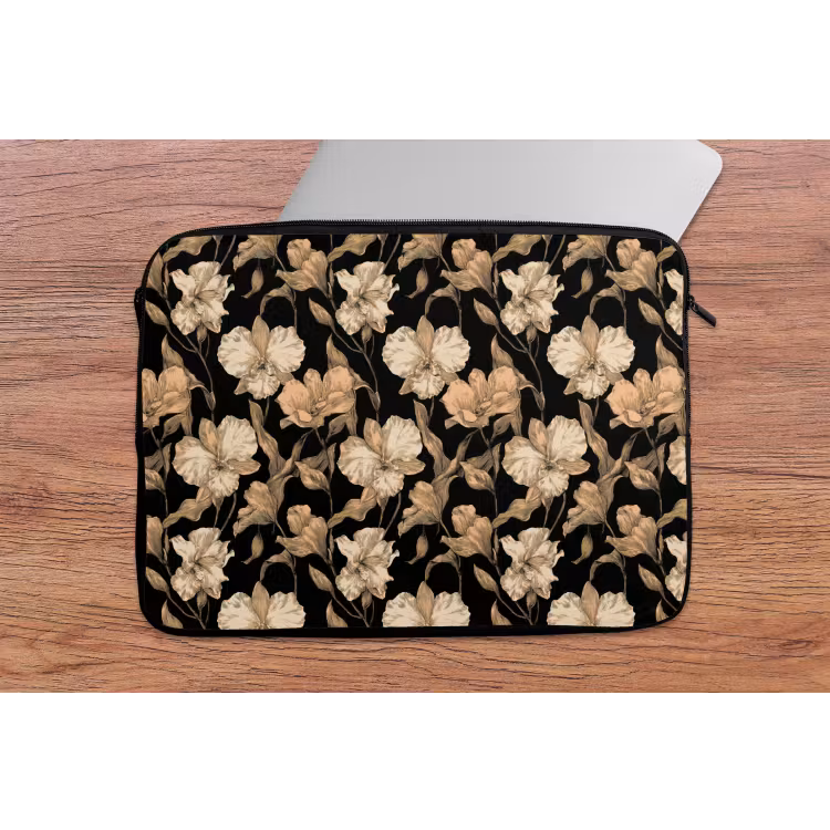 Orchideeën - Lijntekening - Patroon - Beige - Zwart laptophoes neopreen klein 279 -tafel