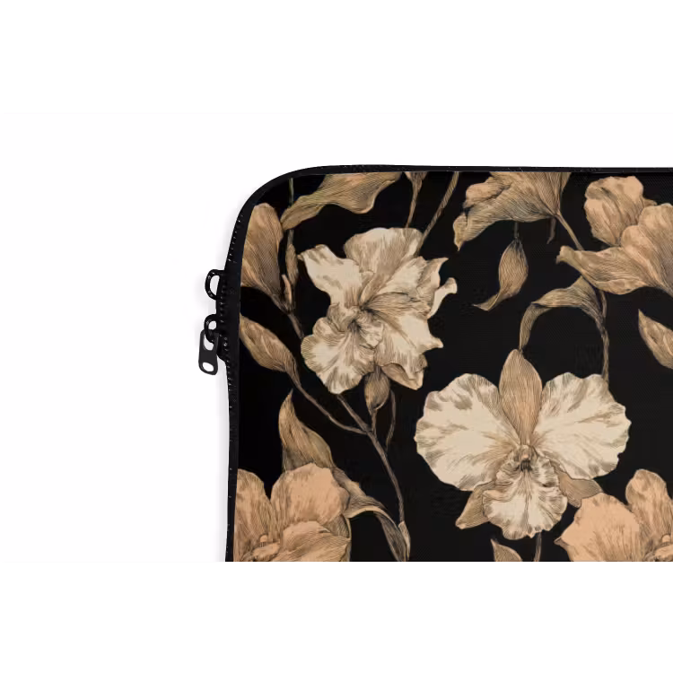 Orchideeën - Lijntekening - Patroon - Beige - Zwart laptophoes neopreen klein 279 -detail
