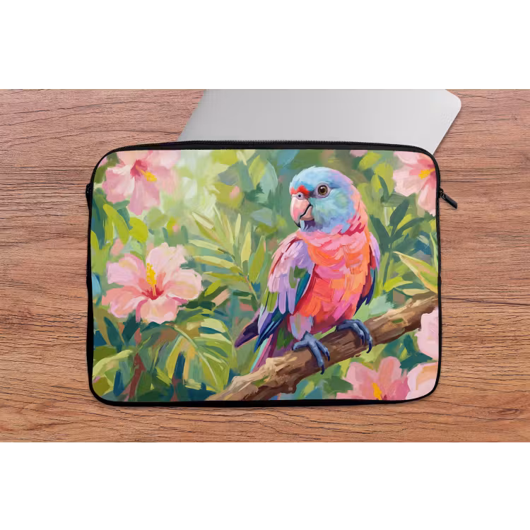 Papagaai - Hibiscusbloemen - Kleurrijk laptophoes neopreen klein -tafel