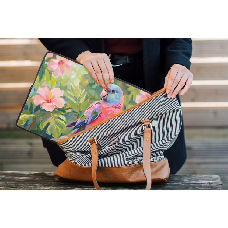 Papagaai - Hibiscusbloemen - Kleurrijk laptophoes neopreen klein -tas