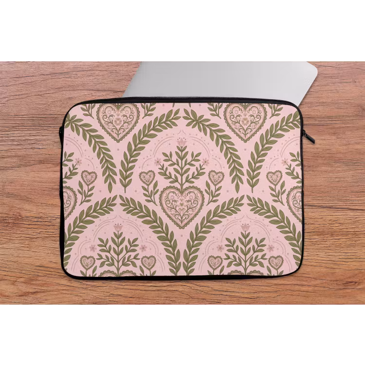 Patroon - Hart - Bloemen - Folkloristisch - Roze laptophoes neopreen klein -tafel
