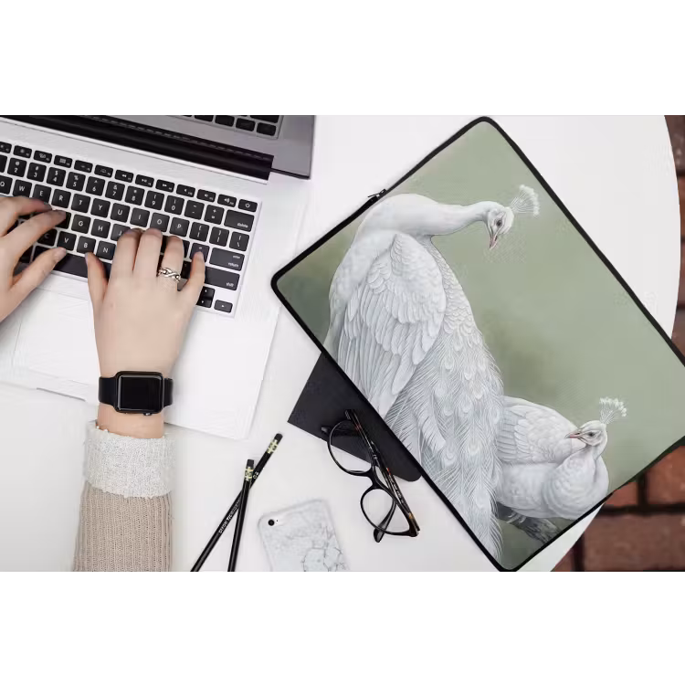 Pauwen - Wit - Natuur - Groen laptophoes neopreen klein -bureau