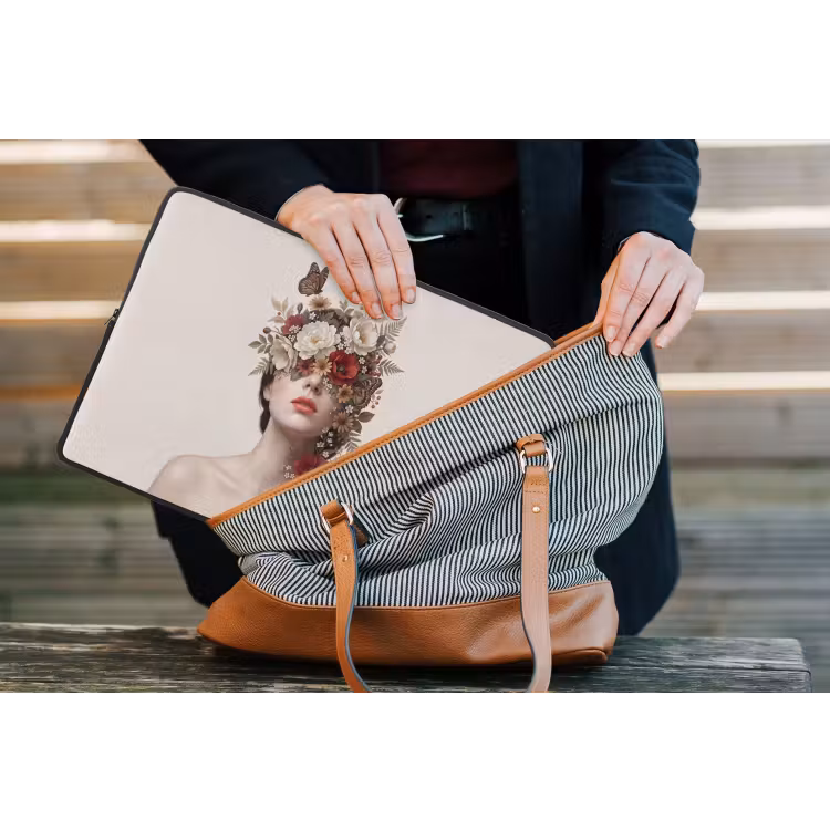 Portret - Bloemen - Cremé laptophoes neopreen klein -tas