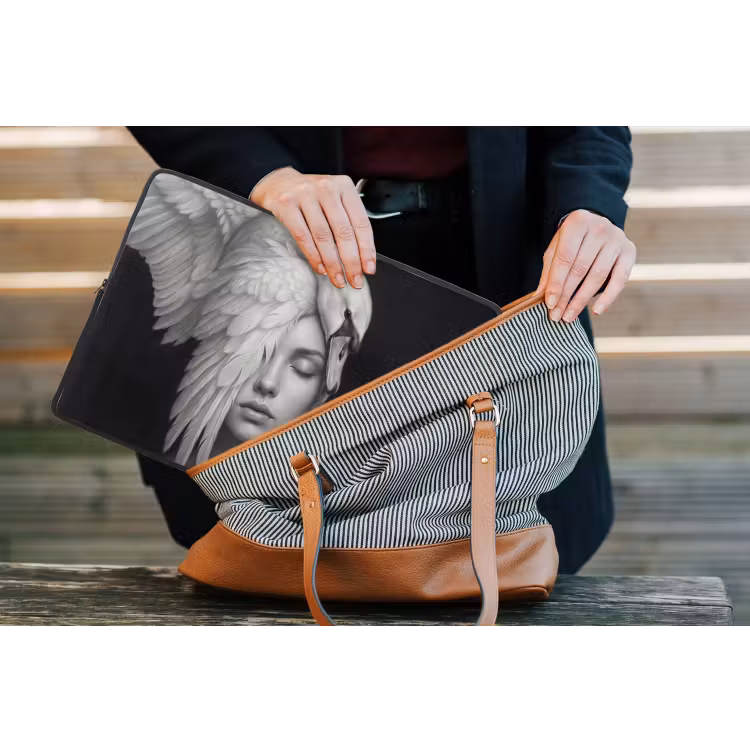 Portret - Zwaan - Zwart - Wit laptophoes neopreen klein -tas