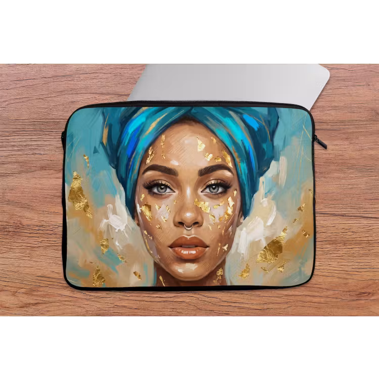 Portret - Vrouw - Schilderij - Blauw - Goud - Expressief laptophoes neopreen klein -tafel