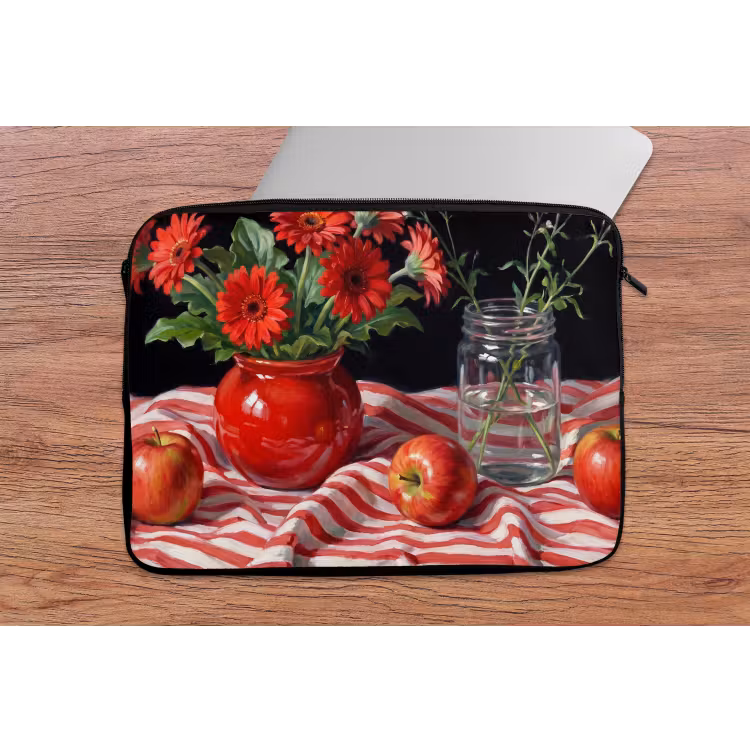 Laptop Sleeve - Red Flowers - Vase - Rode bloemen - Vaas laptophoes neopreen klein