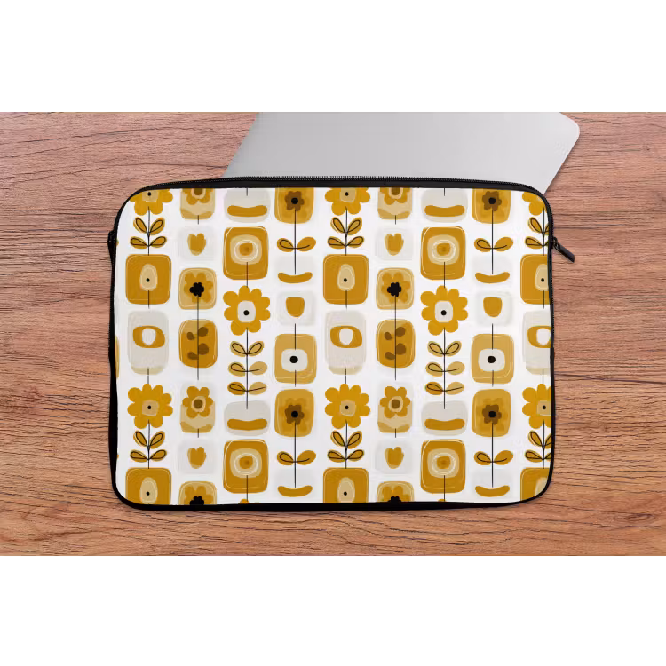 Retro - Abstract - Bloemen - Okergeel laptophoes neopreen klein 279 -tafel