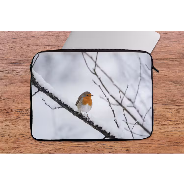 Roodborstje - Tak - Sneeuw - Winter - Levendig laptophoes neopreen klein -tafel