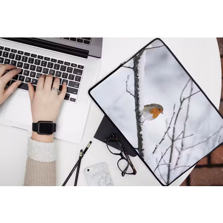 Roodborstje - Tak - Sneeuw - Winter - Levendig laptophoes neopreen klein -bureau