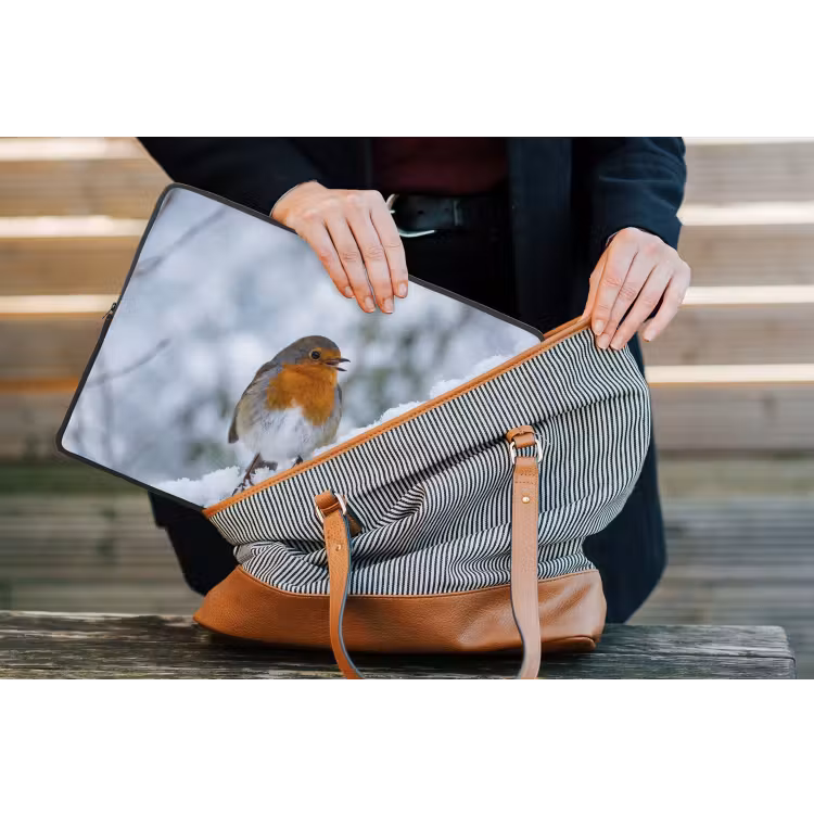 Roodborstje - Tak - Sneeuw - Winter - Levendig laptophoes neopreen klein -tas