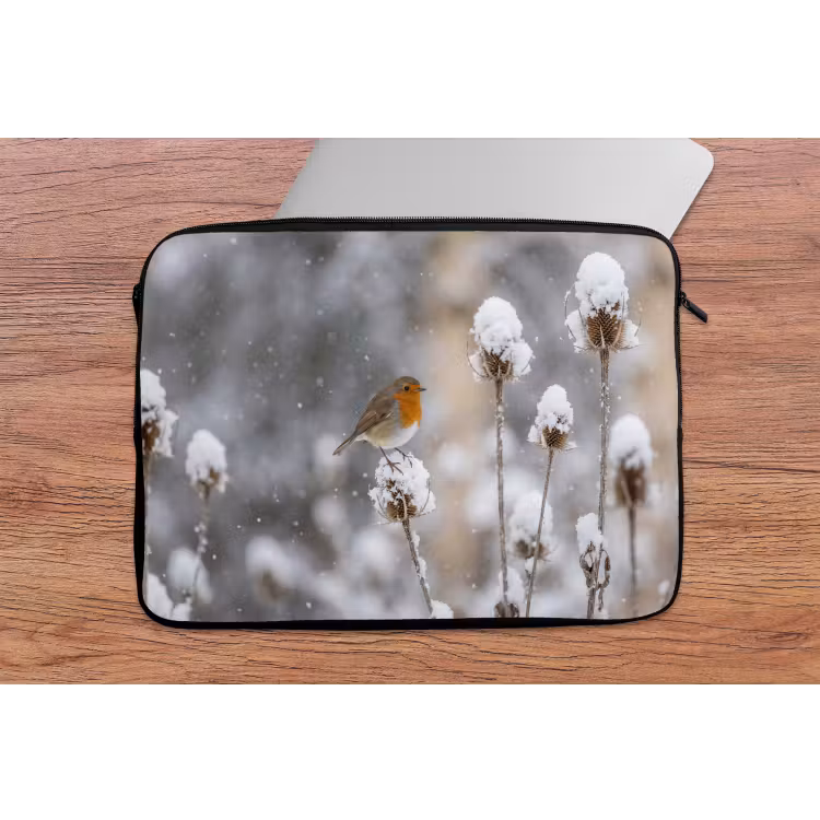 Roodborstje - Gedroogde bloem - Sneeuw - Winter - Vertederend laptophoes neopreen klein -tafel