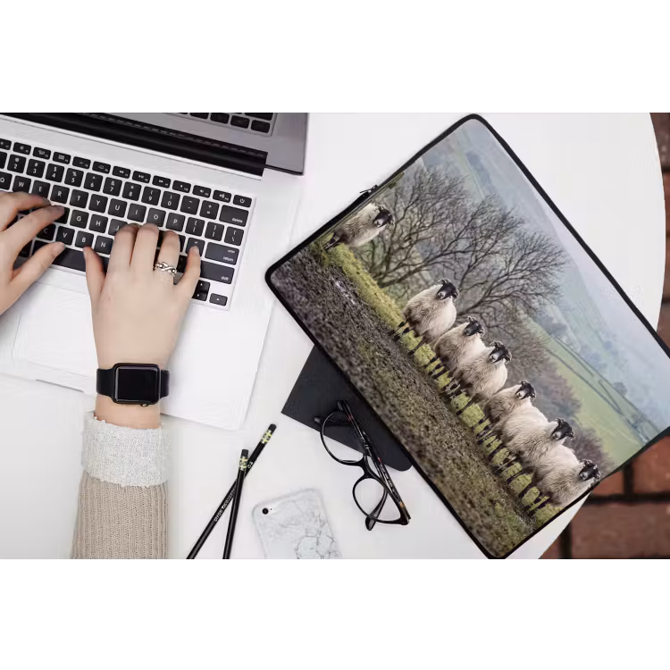 Schapen - Rij - Weide - Dieren - Platteland laptophoes neopreen klein -bureau