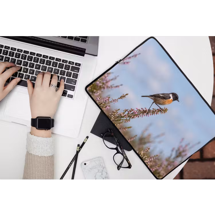 Roodborsttapuit - Heide - Paars - Natuur - Sfeervol laptophoes neopreen klein -bureau