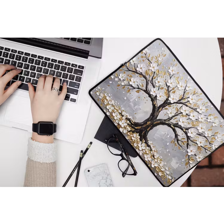 Boom - Bloemen - Natuur - Abstract - Wit laptophoes neopreen klein -bureau