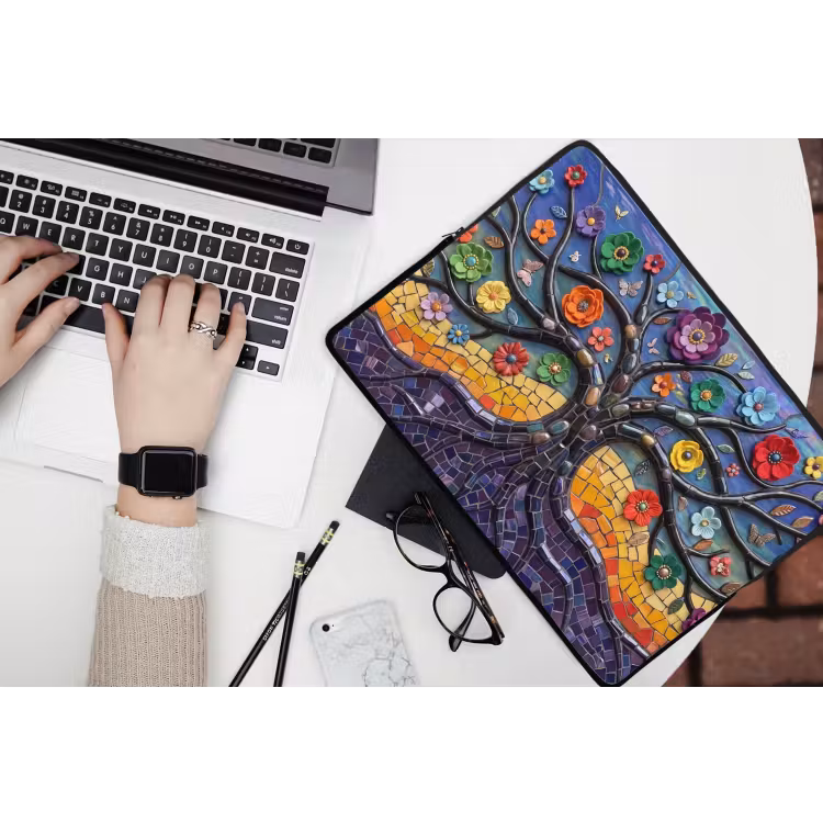 Levensboom - Mozaïek - Bloemen - Kleurrijk - Vrolijk laptophoes neopreen klein -bureau