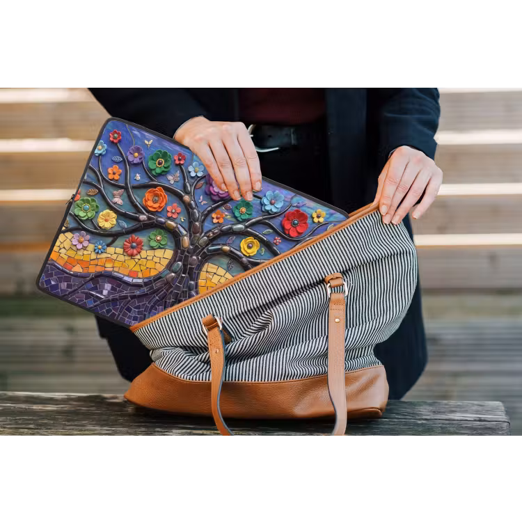 Levensboom - Mozaïek - Bloemen - Kleurrijk - Vrolijk laptophoes neopreen klein -tas