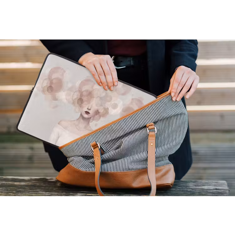 Vrouw - Cirkels - Beige laptophoes neopreen klein -tas