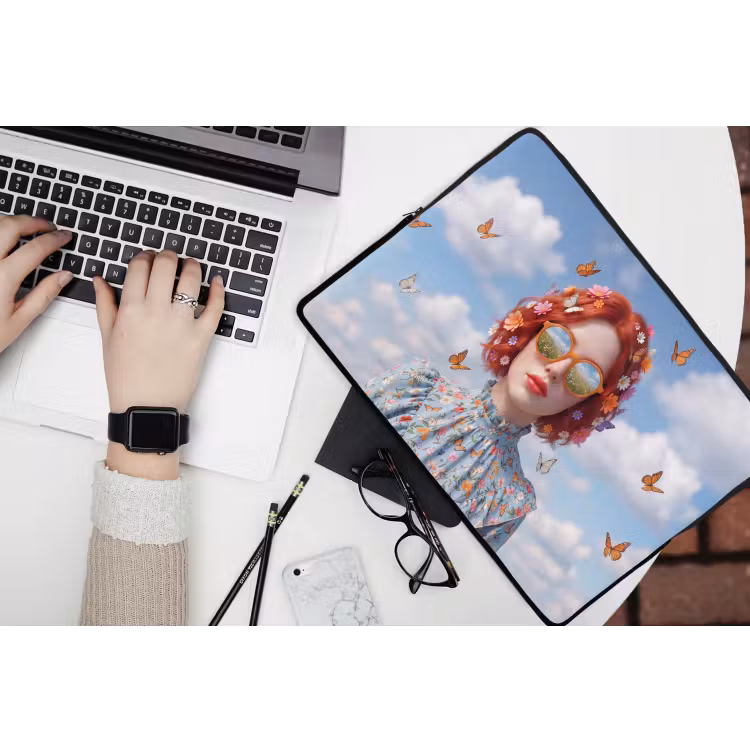 Vrouw - Bloemen - Zomer - Portret - Kleurrijk laptophoes neopreen klein -bureau