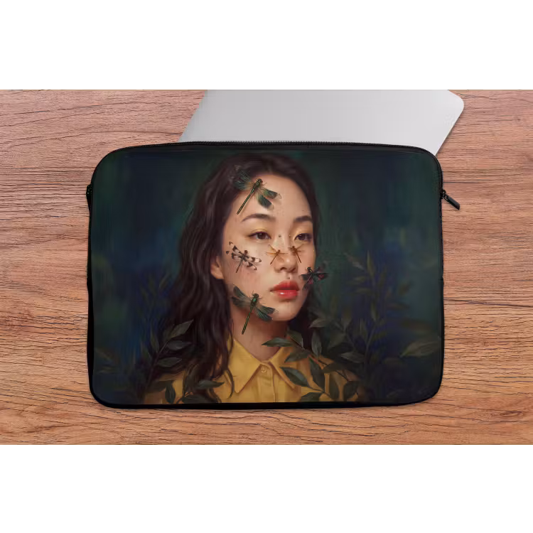 Vrouw - Insecten - Natuur - Portret - Groen laptophoes neopreen klein -tafel