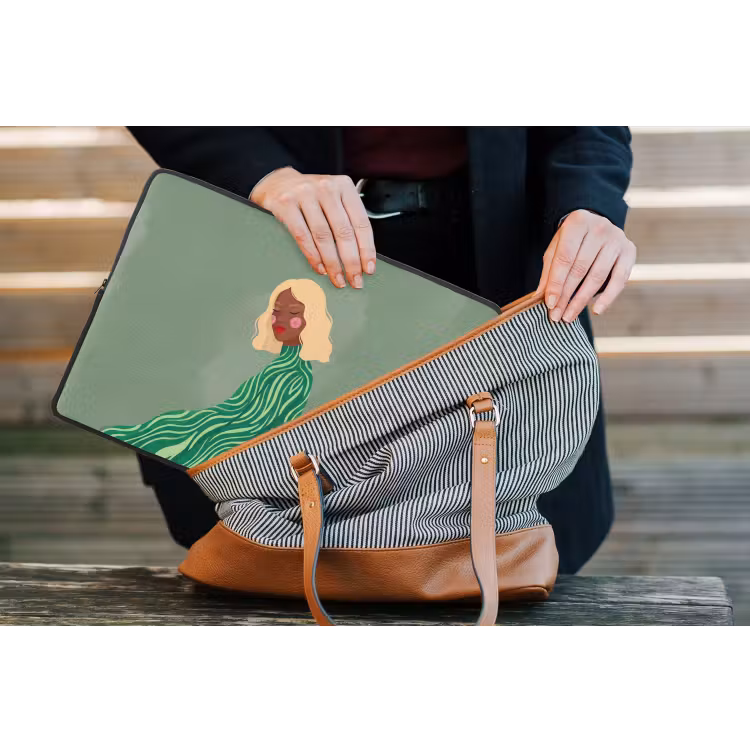 Vrouw - Portret - Illustratie - Modern - Groen laptophoes neopreen klein -tas