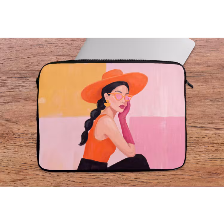 Vrouw - Hoed - Mode - Modern - Oranje laptophoes neopreen klein -tafel