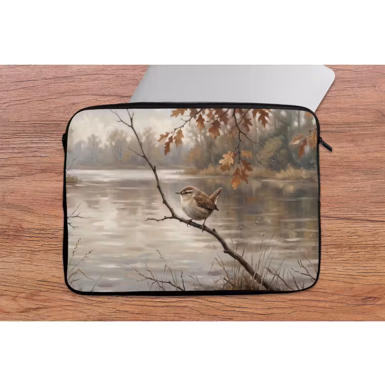 Winterkoninkje - Tak - Rivier - Natuur - Sfeervol laptophoes neopreen klein -tafel