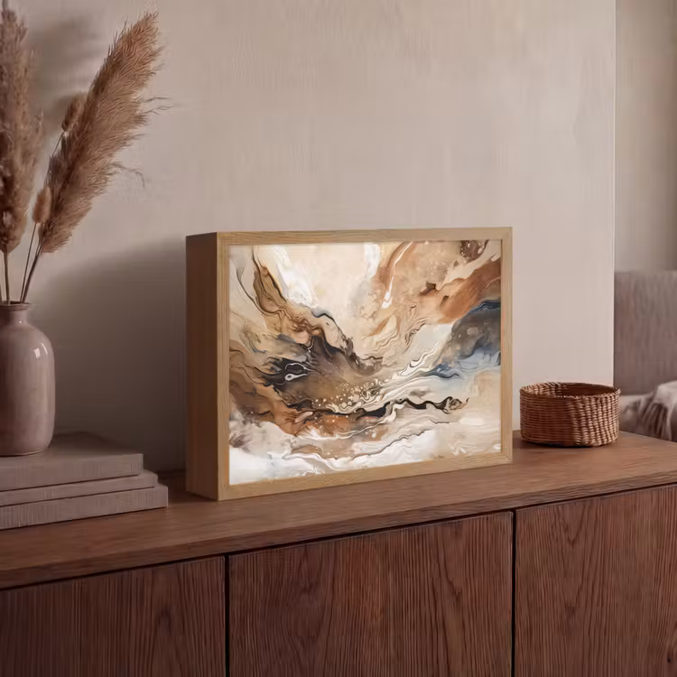 Abstract - Kunst - Verf - Beige - Modern Light Box met batterij (Wandlamp) middel -sfeer2