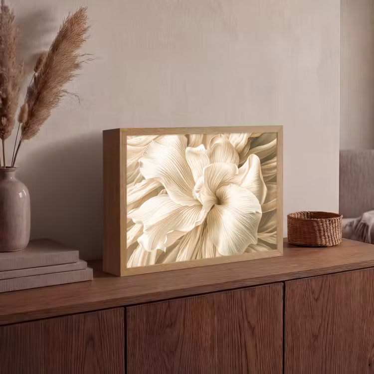 Abstract - Beige - Bloemen - Natuur Light Box met batterij (Wandlamp) middel -sfeer2